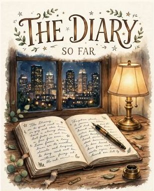 Cover of The Diary — So Far: an open diary by a lamp, Houston at night through the window