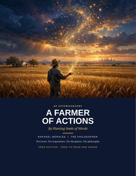 Cover of A Farmer of Actions: a farmer in a wheat field under a glowing night sky